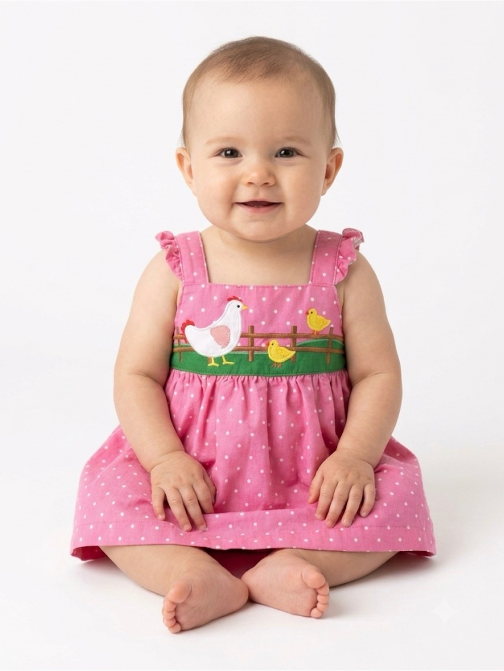 Baby Boden Pink Polka Dot Chicken Applique pinafore Corduroy Dress 9-12M